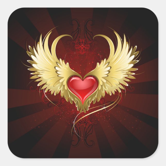 Red Heart with Golden Wings Square Sticker (Front)