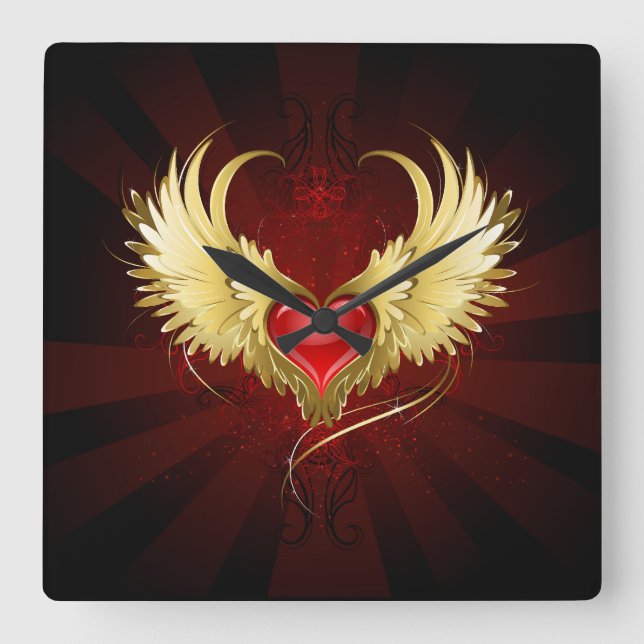 Red Heart with Golden Wings Square Wall Clock (Front)