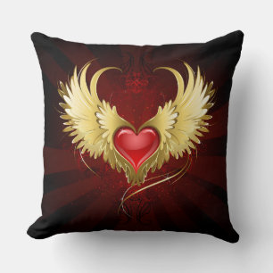 Red Heart with Golden Wings Throw Pillow