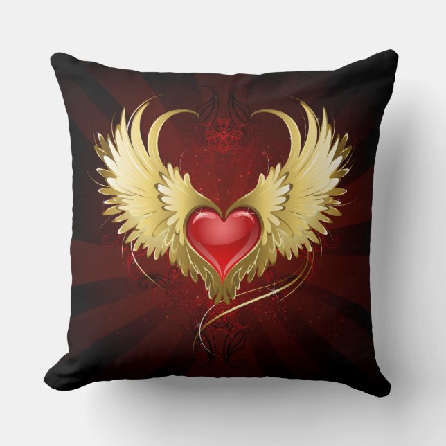 Red Heart with Golden Wings Throw Pillow (Front)