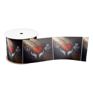Red Heart with Hands Graffiti On a Brick Wall Satin Ribbon