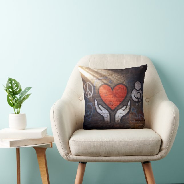 Red Heart with Hands Graffiti On a Brick Wall Throw Pillow (Chair)