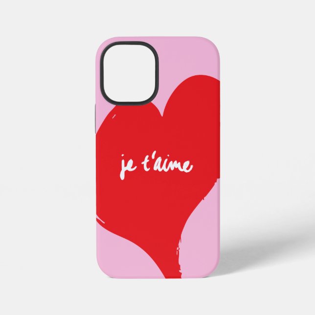 Red heart with je t’aime-text on pink background iPhone case (Back)