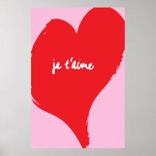Red heart with je t’aime-text on pink background poster