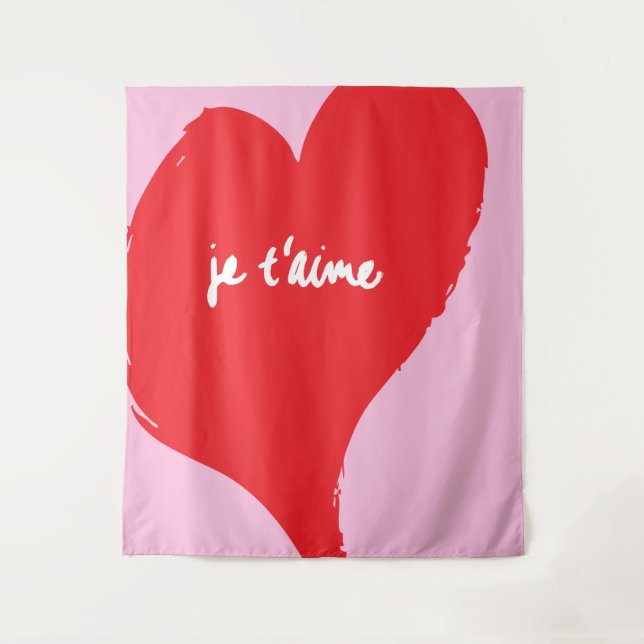 Red heart with je t’aime-text on pink background tapestry (Front)