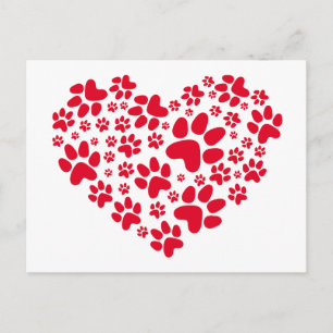red heart with paws, animal foodprint pattern postcard
