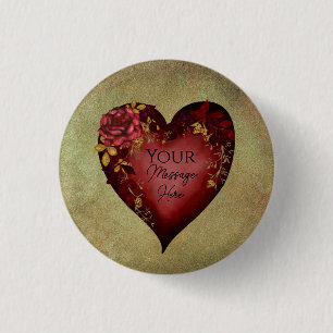 Red Heart With Roses Editable 1 Inch Round Button