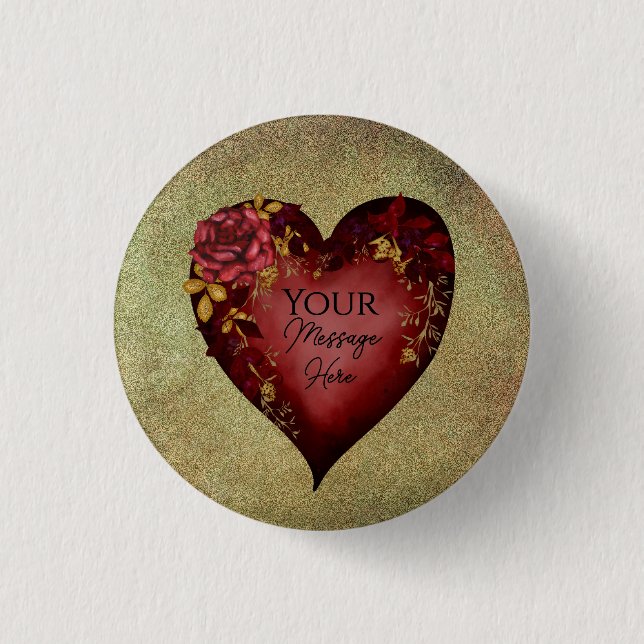Red Heart With Roses Editable 1 Inch Round Button (Front)