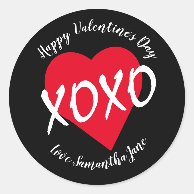 Red Heart XOXO Valentine's Day Modern Black Classic Round Sticker (Front)
