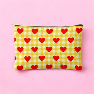 Red Heart Yellow Gingham Pattern Valentine's Day Accessory Pouch