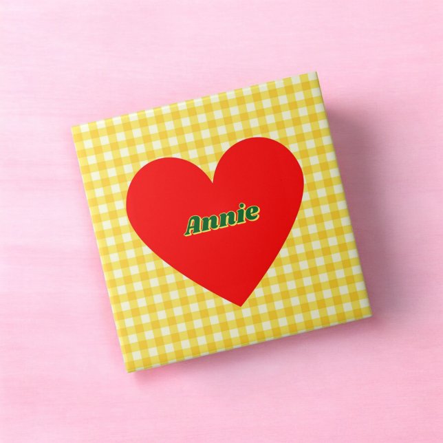 Red Heart Yellow Gingham Valentine's Day Tile (Red Heart Yellow Gingham Valentine's Day Ceramic Tile)