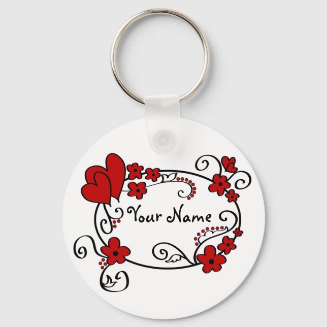 Red hearts and flowers - Keychain (Front)