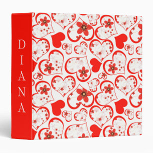 Red hearts and flowers on a white 3 ring binder