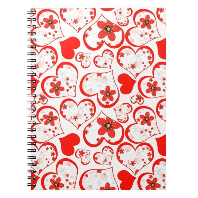 Red hearts and flowers on a white notebook (Front)