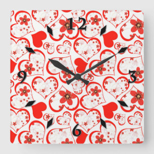 Red hearts and flowers on a white square wall clock