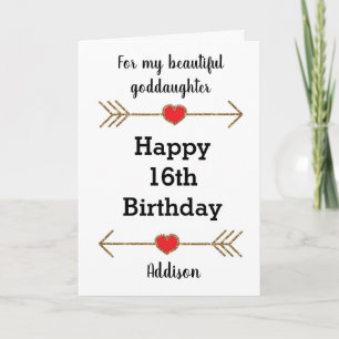 Red Hearts and Gold 16th Birthday Goddaughter Card