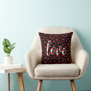 Red Hearts and Love Text On Black Throw Pillow