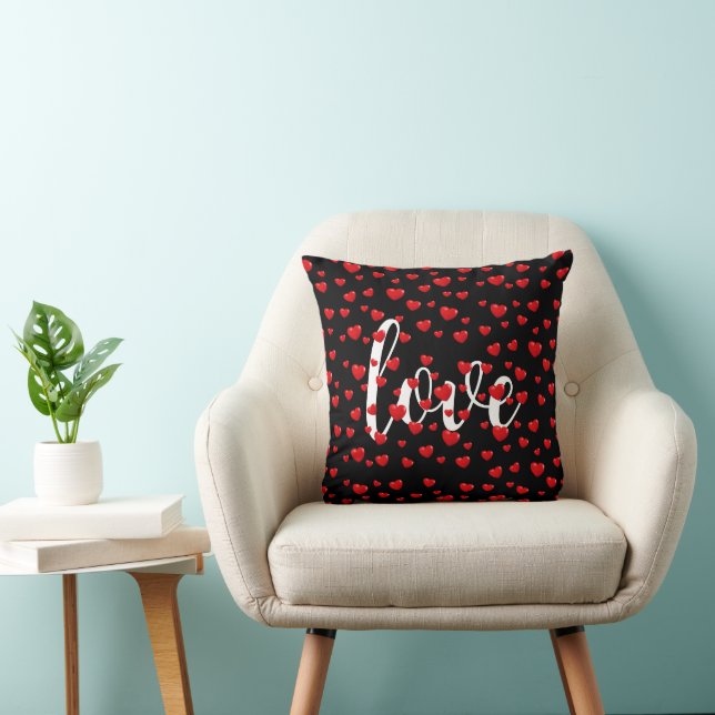 Red Hearts and Love Text On Black Throw Pillow (Chair)