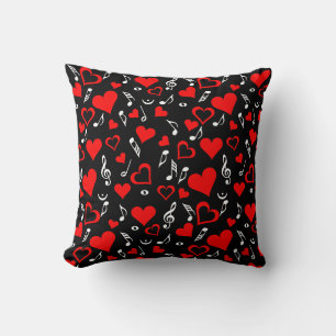 Red Hearts and Music Notes Throw Pillow
