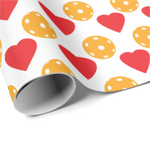 Red hearts and orange pickleballs  wrapping paper