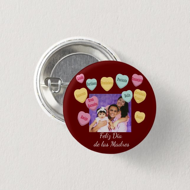 Red Hearts and Photo Message | Mothers day Latina 1 Inch Round Button (Front & Back)