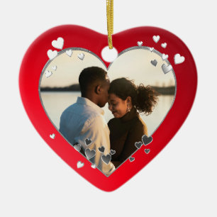 Red Hearts and Ribbon Photo Ceramic Ornament