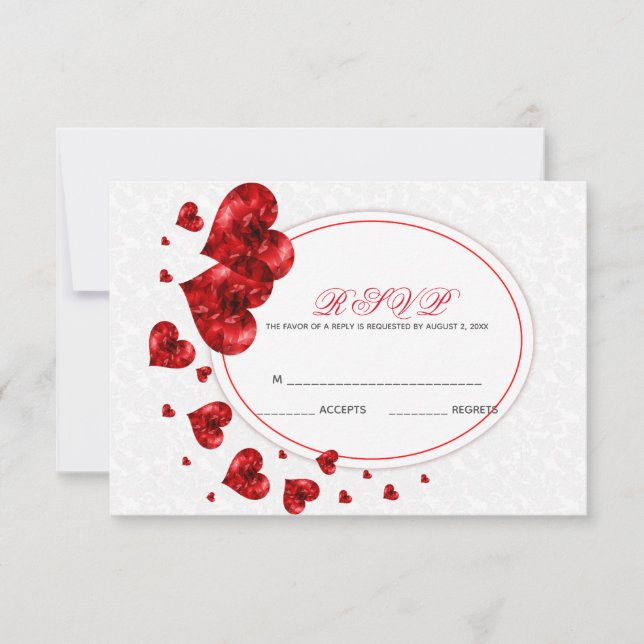Red Hearts And White Damask RSVP Card (Front)