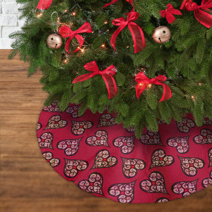 Red hearts art pattern Curly boho heart Bohemian Brushed Polyester Tree Skirt