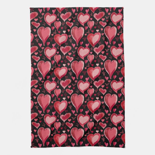 Red Hearts Artistic Pattern Valentine`s Day  Kitchen Towel (Vertical)