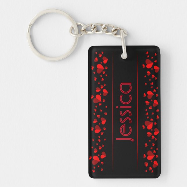 Red Hearts Black Background License Plate Keychain (Front)