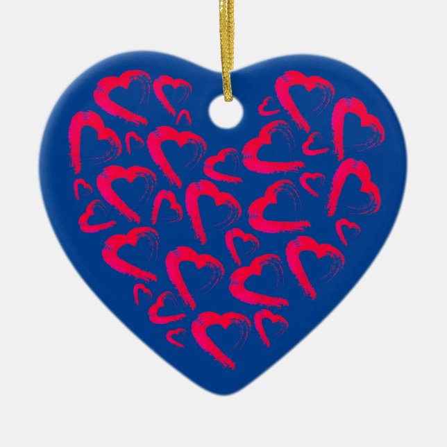 Red Hearts Blue Ceramic Ornament (Front)