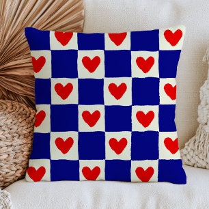 Red Hearts Blue Squares Chequered Eclectic Throw Pillow