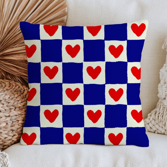 Red Hearts Blue Squares Chequered Eclectic  Throw Pillow (Creator Uploaded)