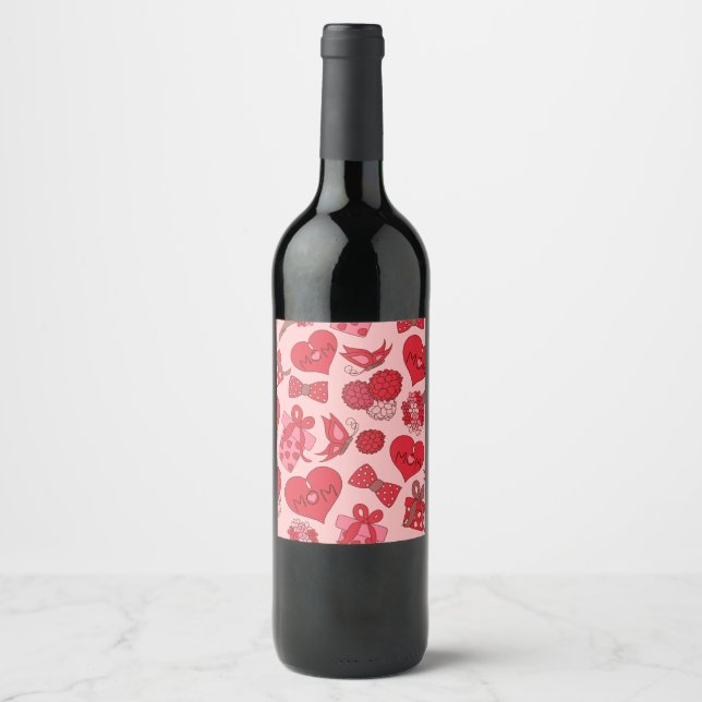 Red Hearts Bows Butterflies Flowers-Mother's Day Wine Label (Front)