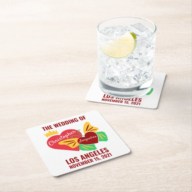 Red Hearts, Butterfly Elegant Square Paper Coaster (Insitu)