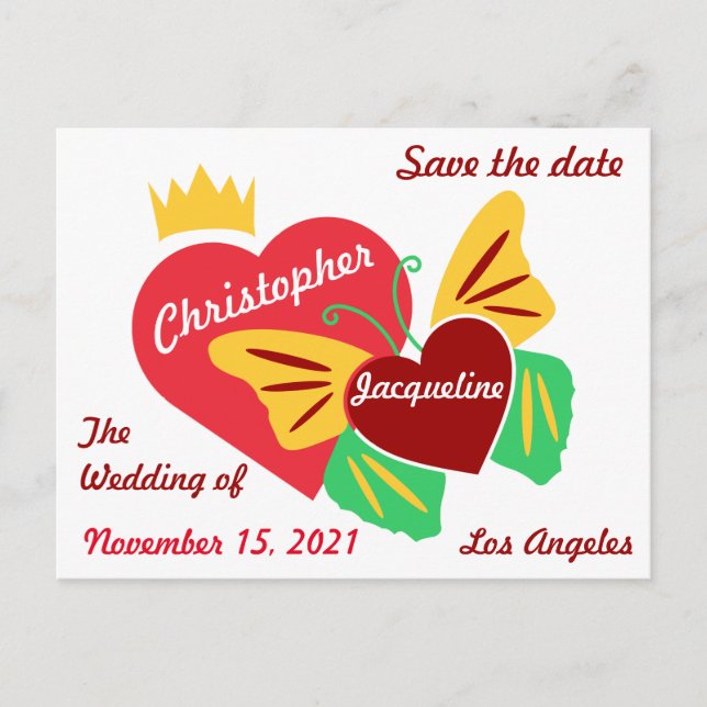 Red Hearts, Butterfly Save The Date  Postcard (Front)
