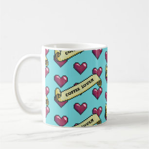 Red Hearts Coffee Lover Retro Pixel Art Pattern Coffee Mug