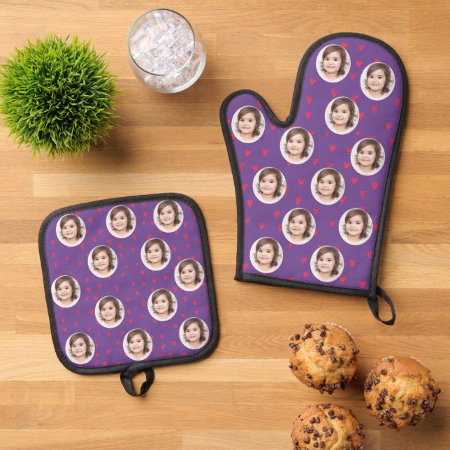 Red Hearts Custom kid's Photo Purple Oven Mitt & Pot Holder Set (Top Down)