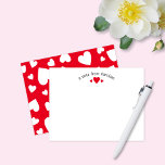 Red Hearts Cute Girly Note Card<br><div class="desc">This cute design features space for your text in a pretty curve over a trio of heart graphics with a random pattern of hearts on the back! Click the customize button if you would like to move/scale the images and further modify the text! Variations of this design, additional colours, as...</div>