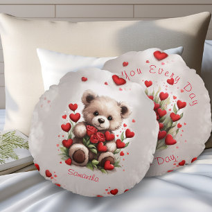Red Hearts Cute Teddy Bear & Roses Valentines Day Round Pillow