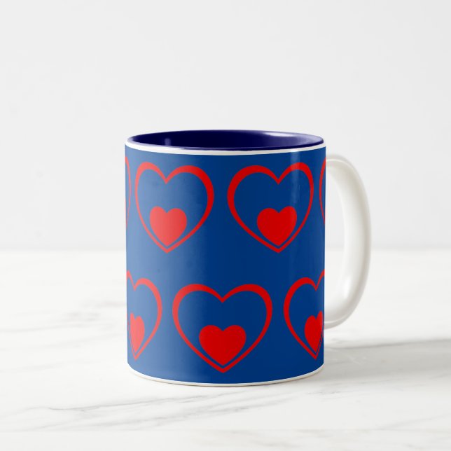 Red hearts dark blue Two-Tone coffee mug (Front Right)
