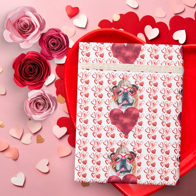 Red Hearts English Bulldog Dog Lover Valentine Wrapping Paper (Creator Uploaded)