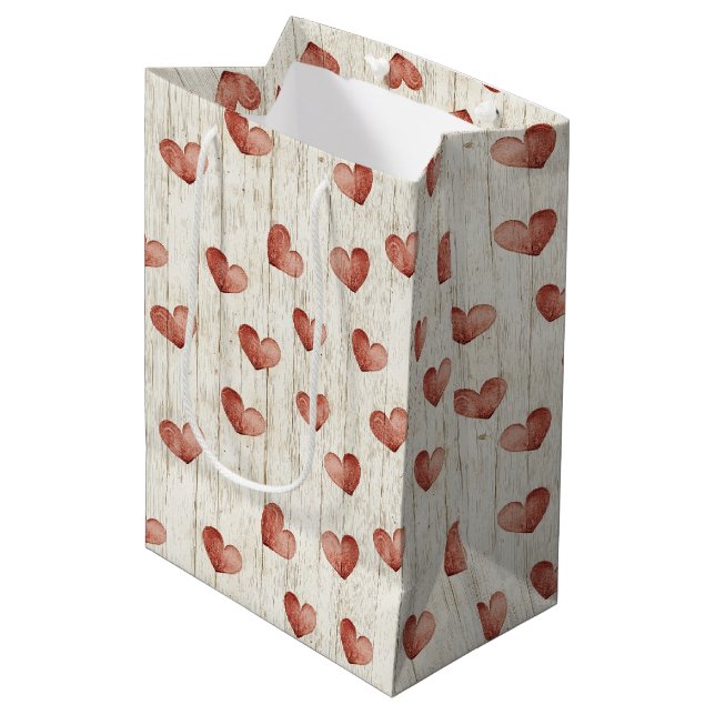 Red Hearts Faux Wood Medium Gift Bag (Front Angled)