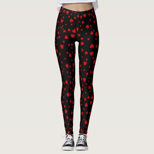 Red Hearts Floating Pattern on Black Leggings (Front)