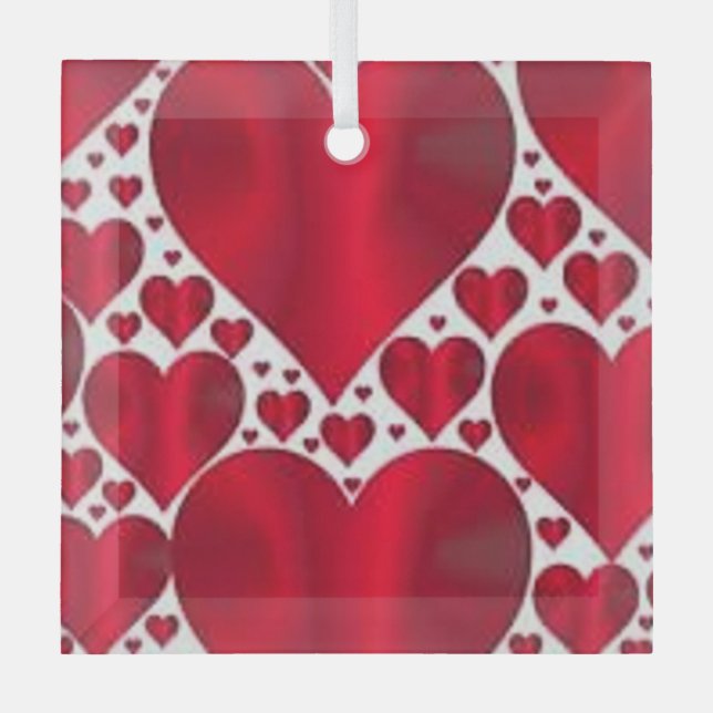 RED HEARTS FOR VALENTINE'S DAY GLASS ORNAMENT (Front)