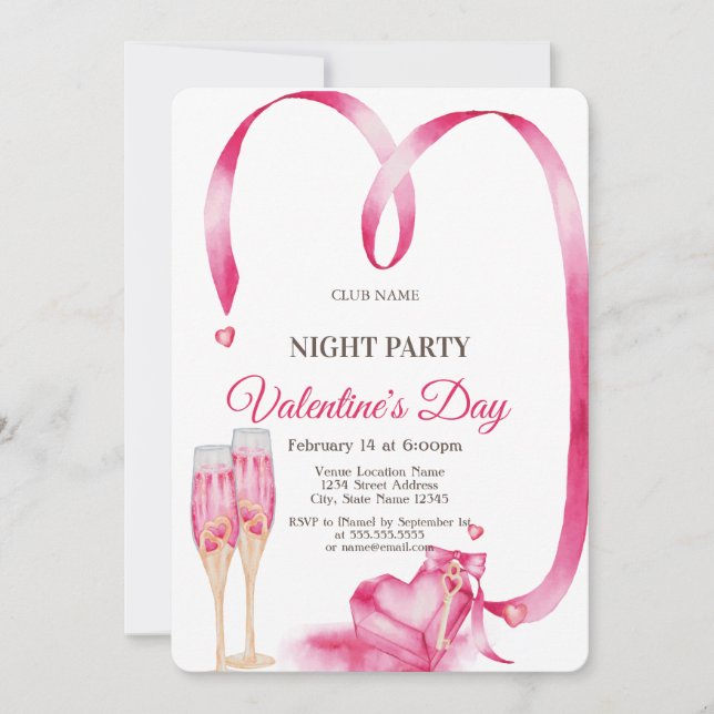 Red Hearts Glass Valentine's Day Night Party  Invitation (Front)