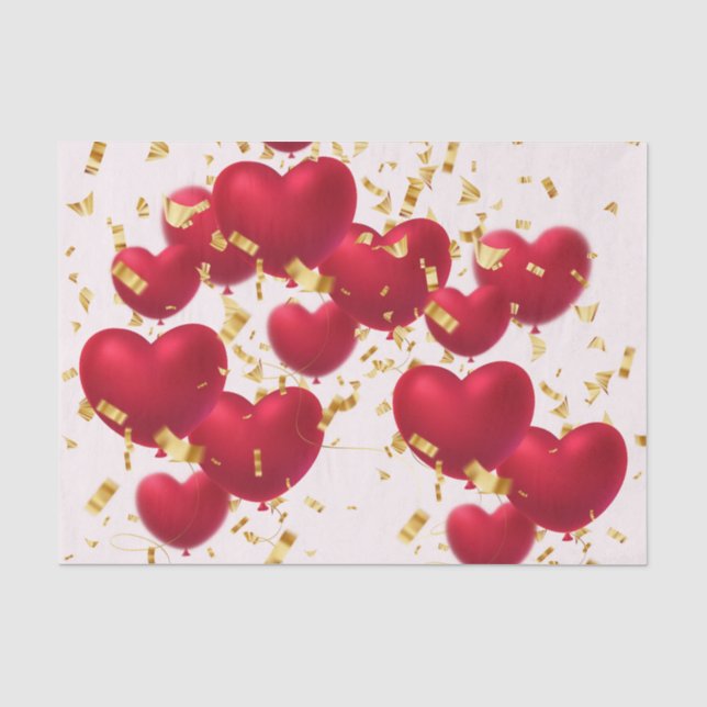 Red Hearts Gold Confetti  Tissue Paper (Front)