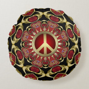 Red Hearts Gold Peace Power Love Coussin rond