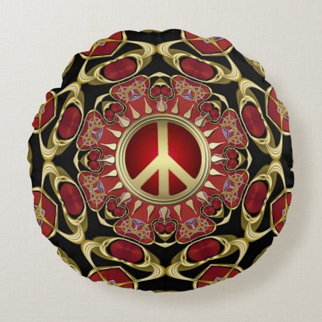 Red Hearts Gold Peace Power Love Coussin rond (Devant)