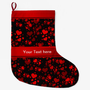 red hearts in black and template text large christmas stocking
